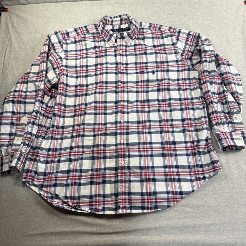 Polo Ralph Lauren Mens 1XB Big & Tall White Red Blue Plaid Button Down Shirt LS